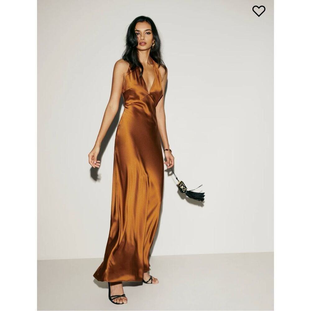Reformation Daniela Silk Dress Copper Orange Maxi Size 4 - Picture 2 of 10